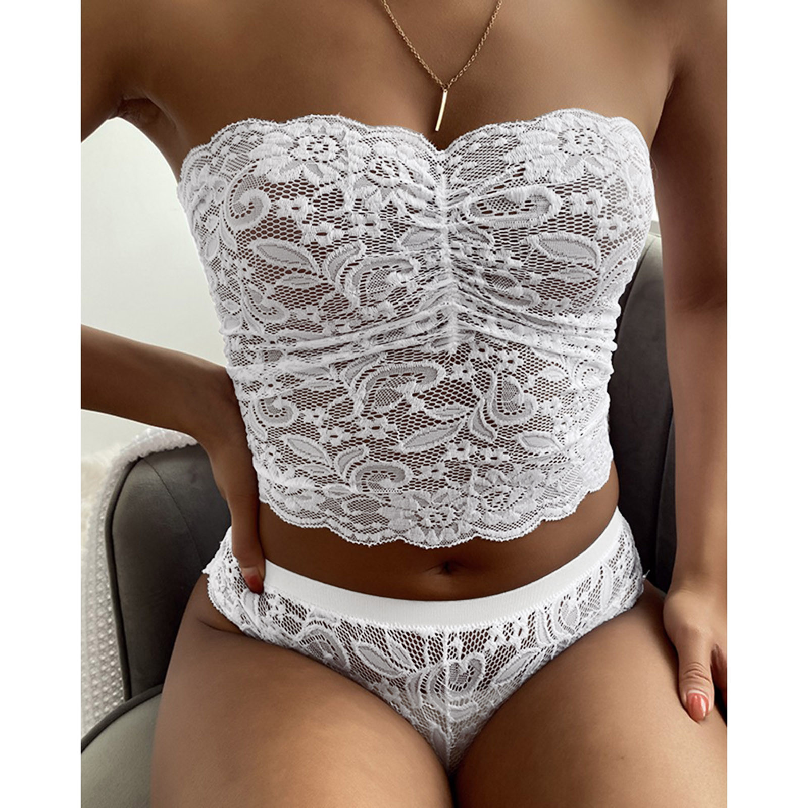 thumbnail image 2 of Conjunto de lencería sexy sin tirantes con encaje cruzado en el pecho para mujer - Ropa interior push up, poliéster, color liso, tallas S-XXL, ropa informal para todas las estaciones, 2 of 8